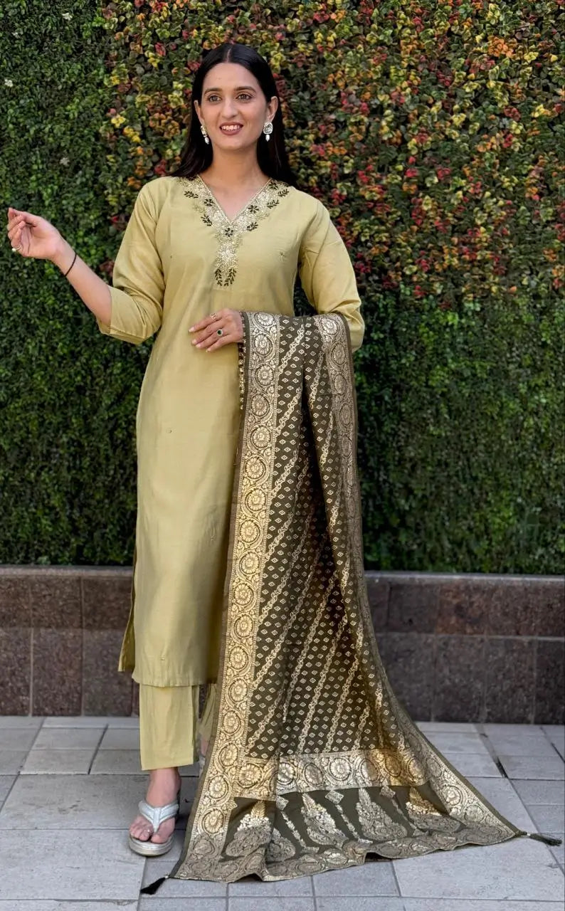 Premium Roman Silk Kurta Set with Jacquard Dupatta