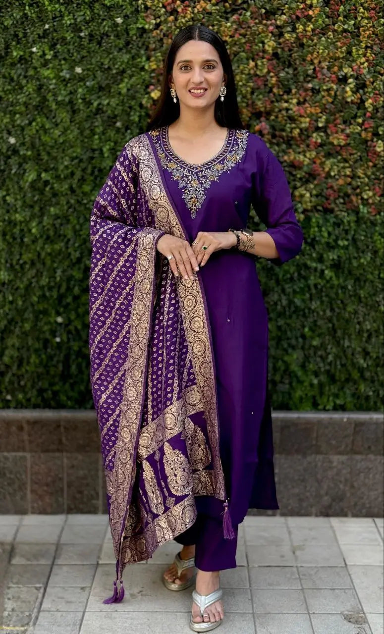 Premium Roman Silk Kurta Set with Jacquard Dupatta