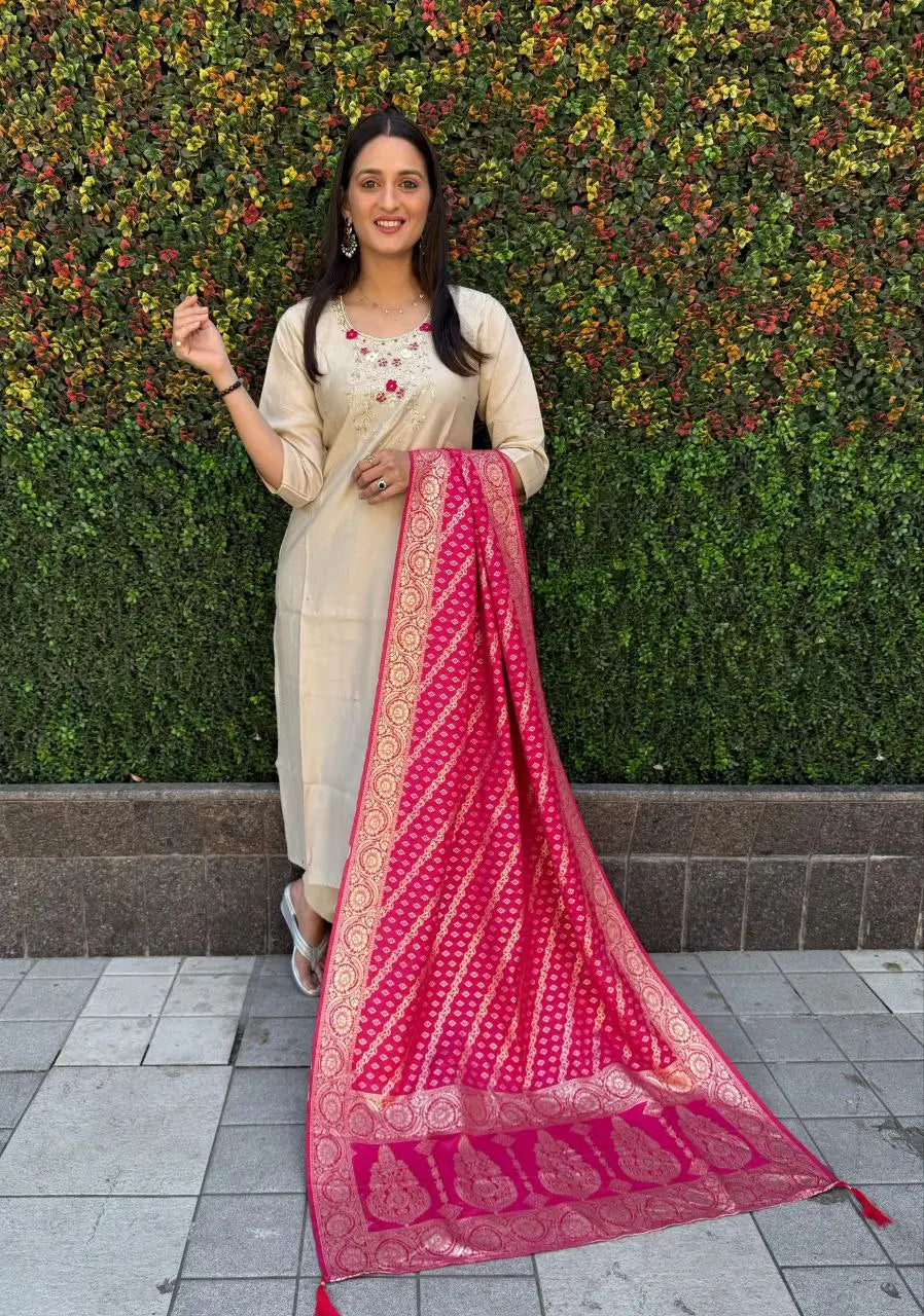 Premium Roman Silk Kurta Set with Jacquard Dupatta