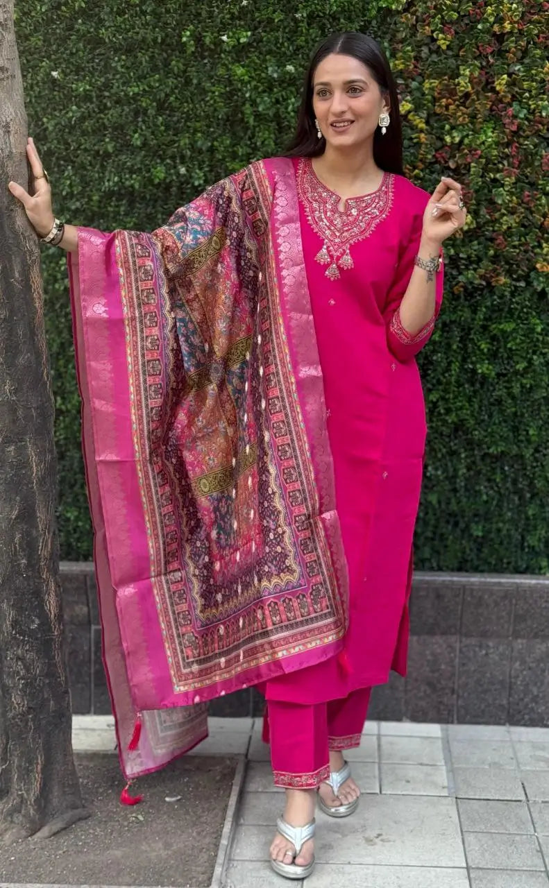 Premium Roman Silk Kurta Set with Jacquard Dupatta