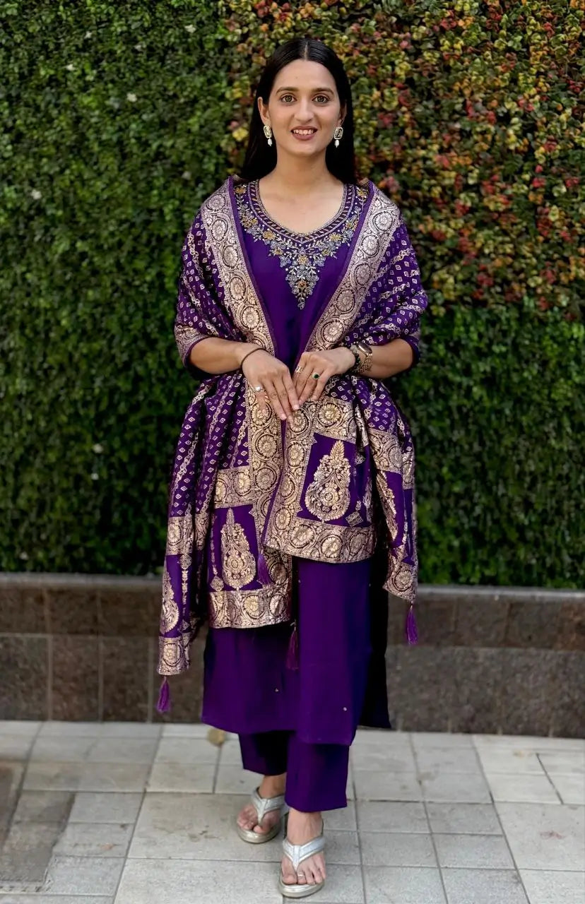 Premium Roman Silk Kurta Set with Jacquard Dupatta