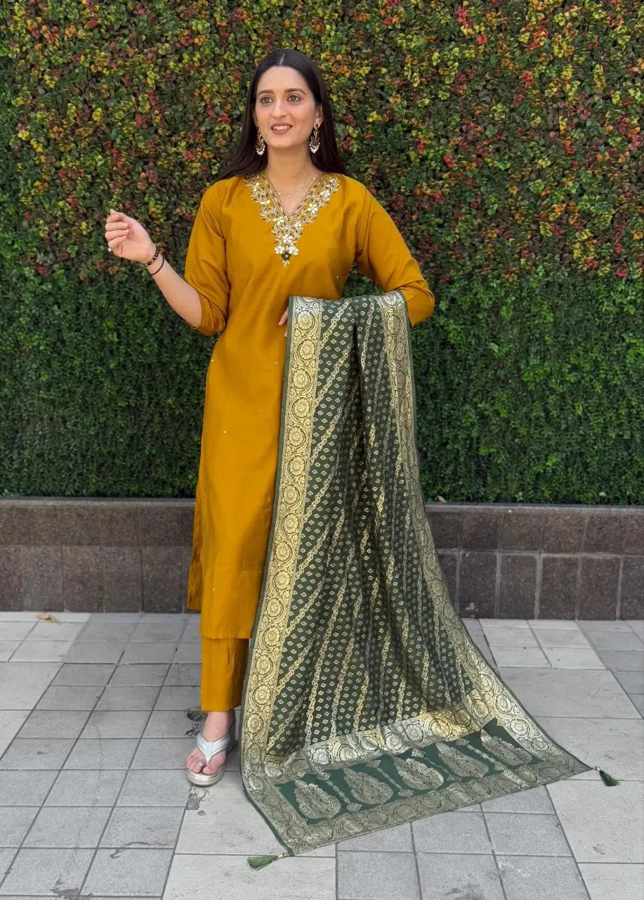 Premium Roman Silk Kurta Set with Jacquard Dupatta