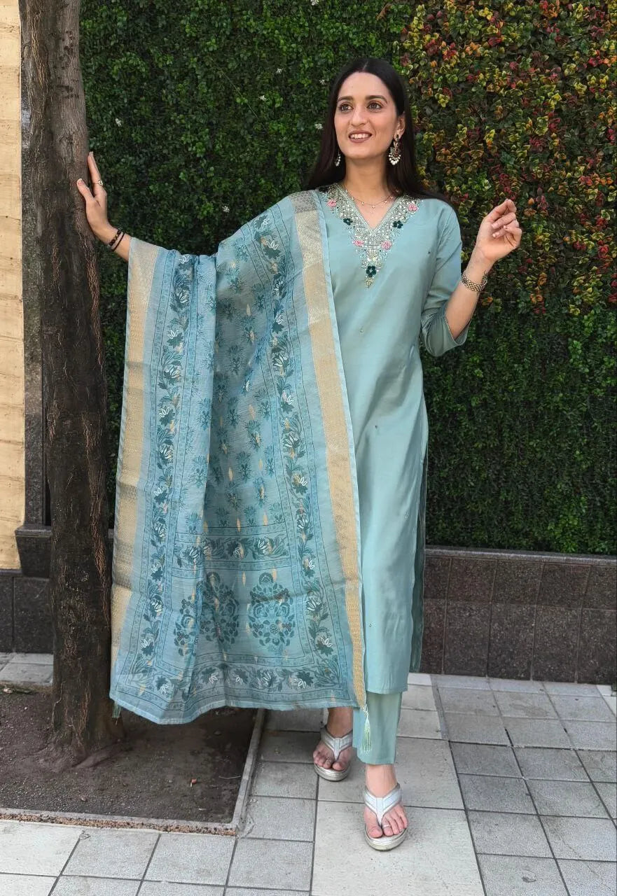 Premium Roman Silk Kurta Set with Jacquard Dupatta