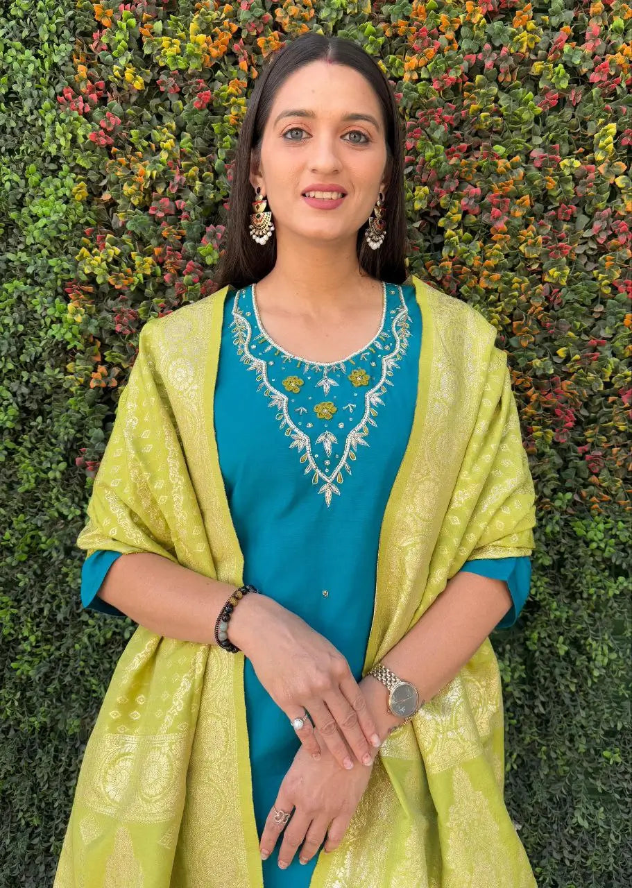 Premium Roman Silk Kurta Set with Jacquard Dupatta