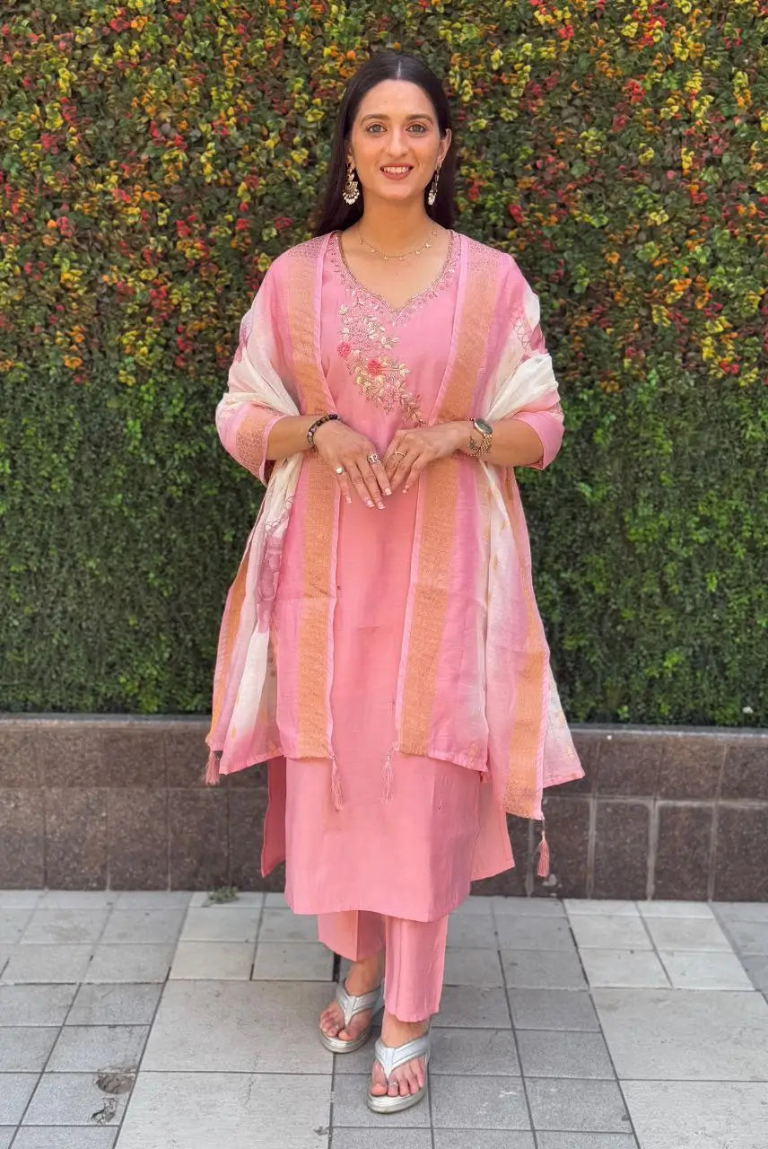 Premium Roman Silk Kurta Set with Jacquard Dupatta
