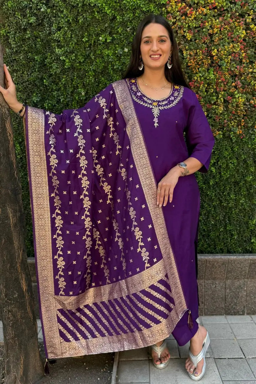 Premium Roman Silk Kurta Set with Jacquard Dupatta