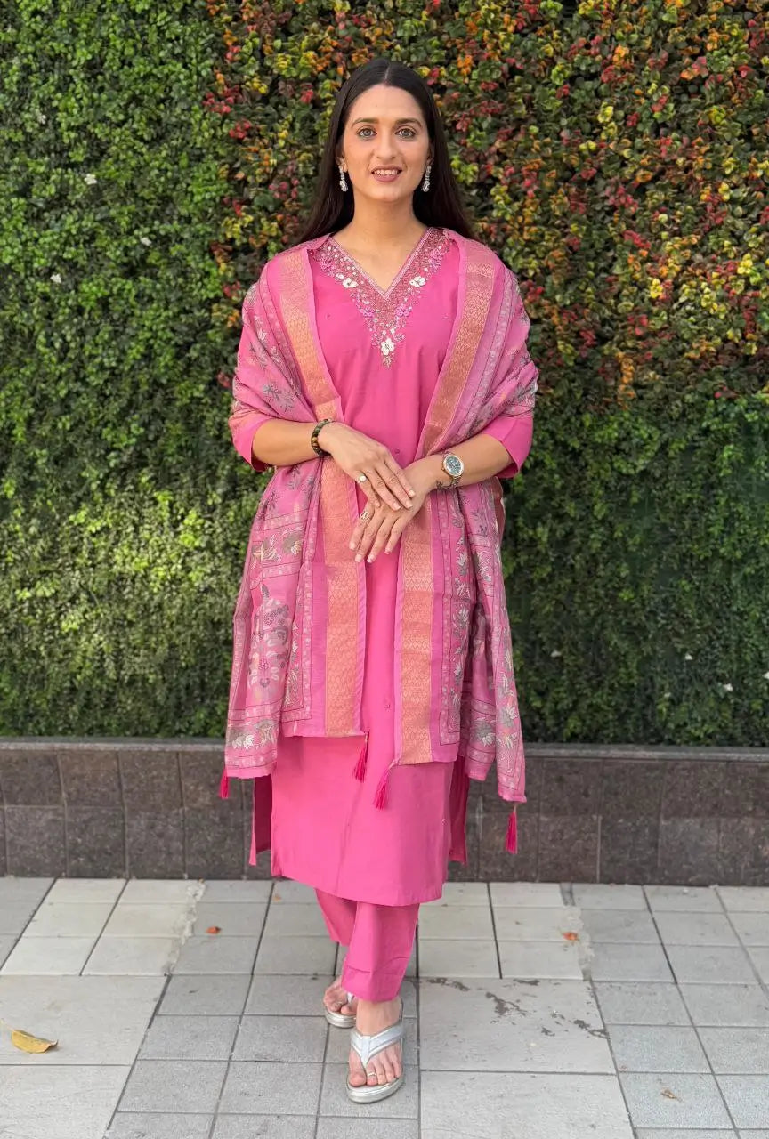 Premium Roman Silk Kurta Set with Jacquard Dupatta