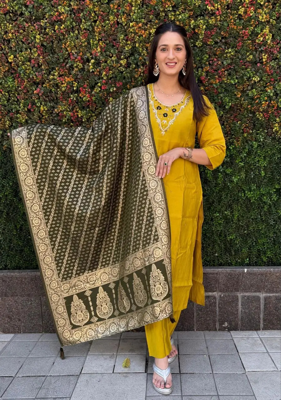 Premium Roman Silk Kurta Set with Jacquard Dupatta