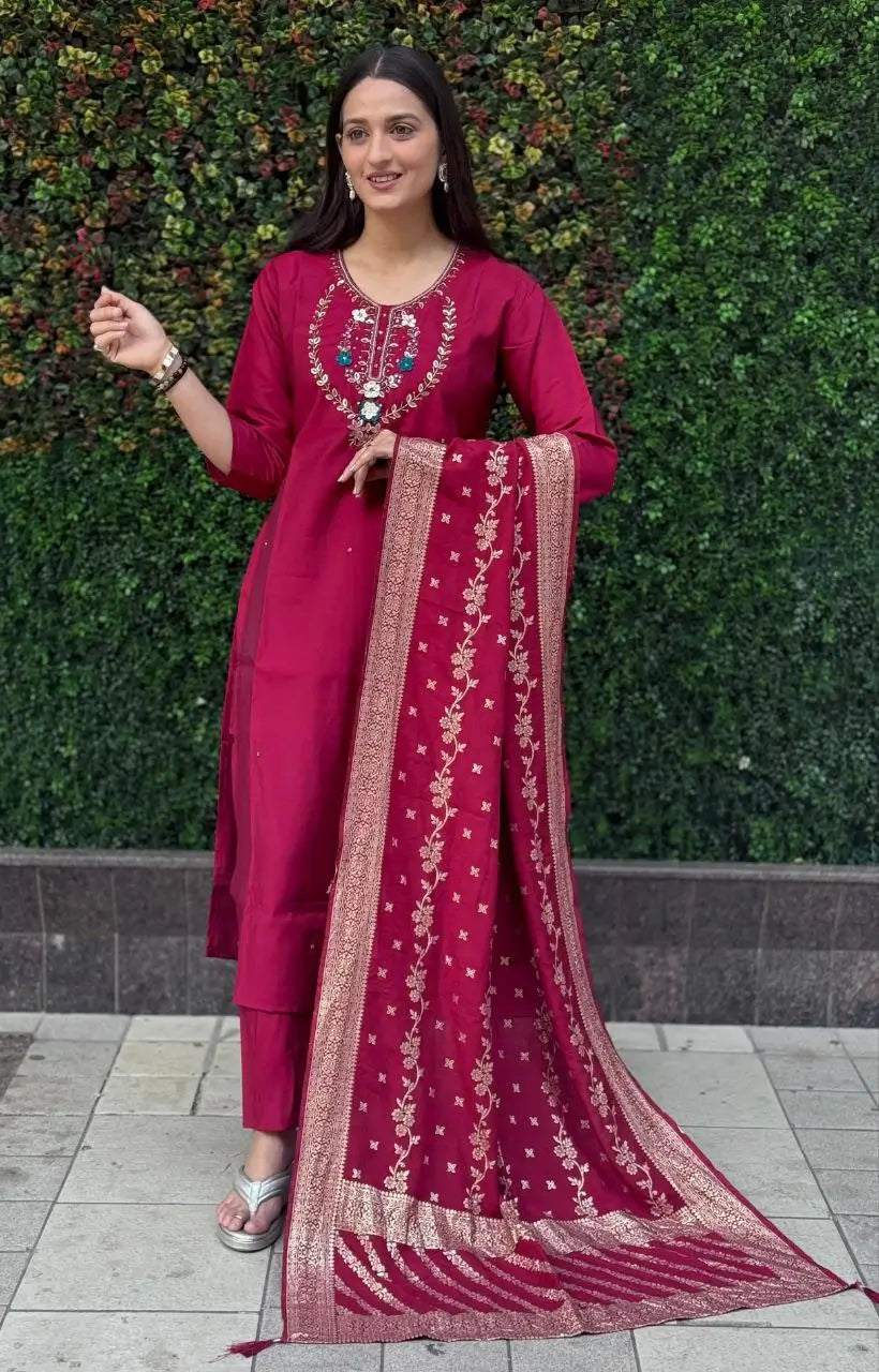 Premium Roman Silk Kurta Set with Jacquard Dupatta