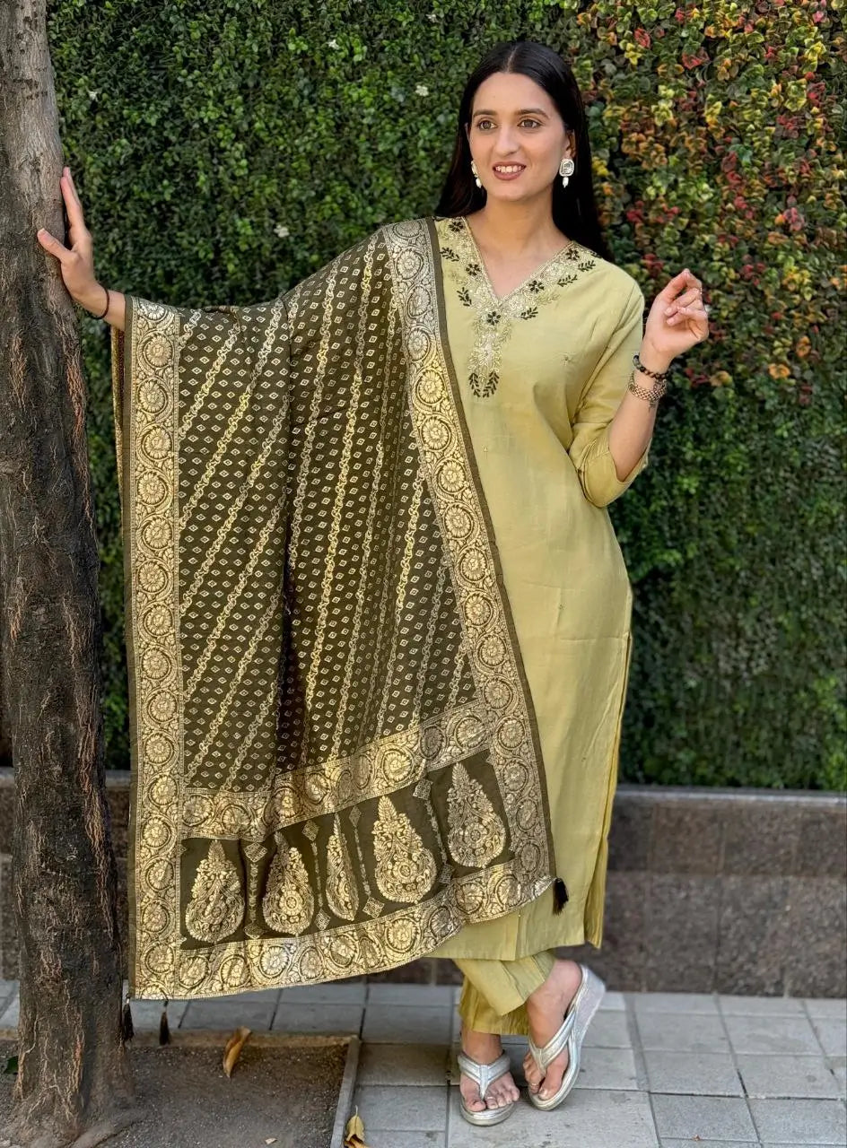 Premium Roman Silk Kurta Set with Jacquard Dupatta