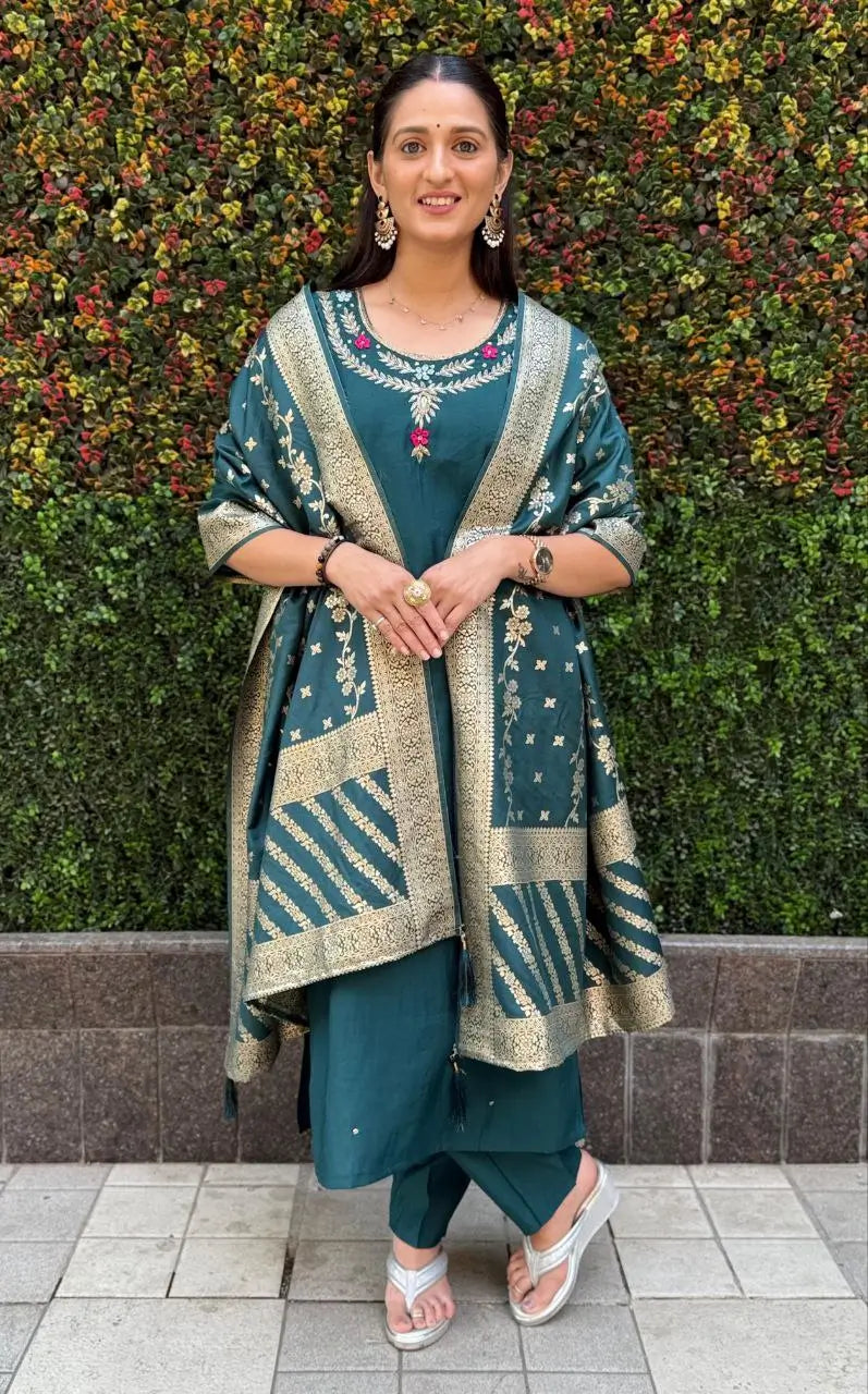 Premium Roman Silk Kurta Set with Jacquard Dupatta