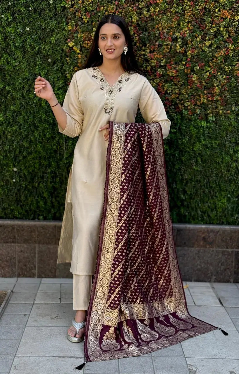Premium Roman Silk Kurta Set with Jacquard Dupatta