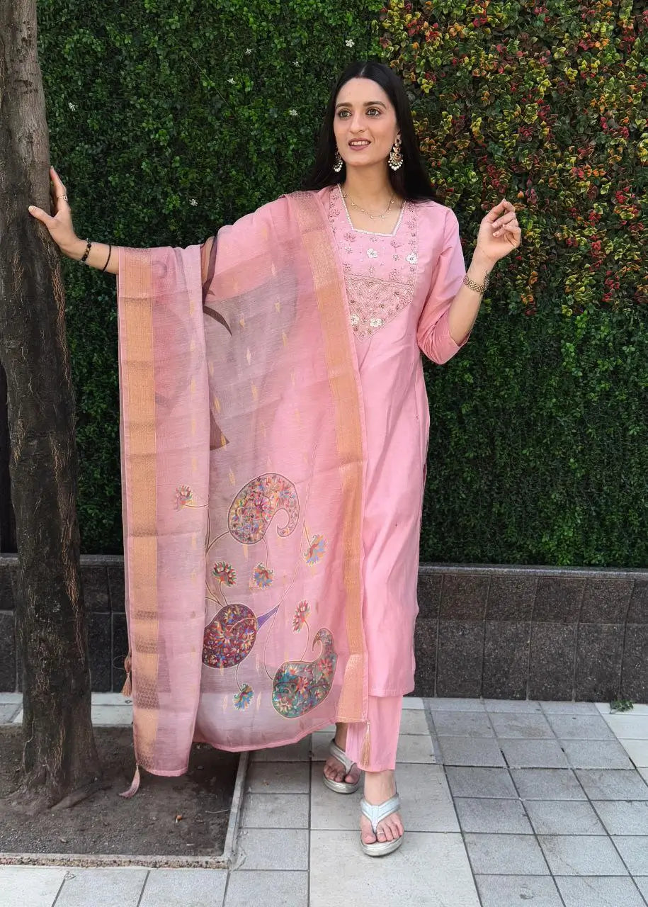 Premium Roman Silk Kurta Set with Jacquard Dupatta