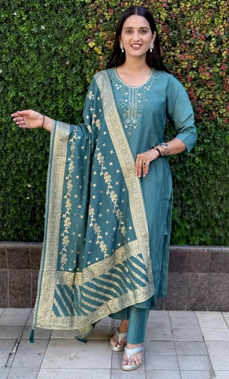 Premium Roman Silk Kurta Set with Jacquard Dupatta
