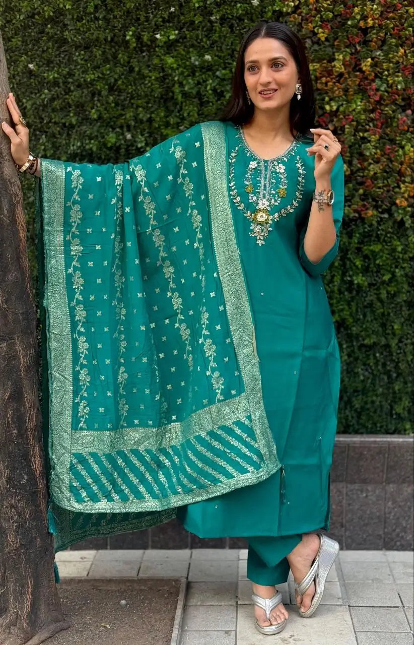 Premium Roman Silk Kurta Set with Jacquard Dupatta