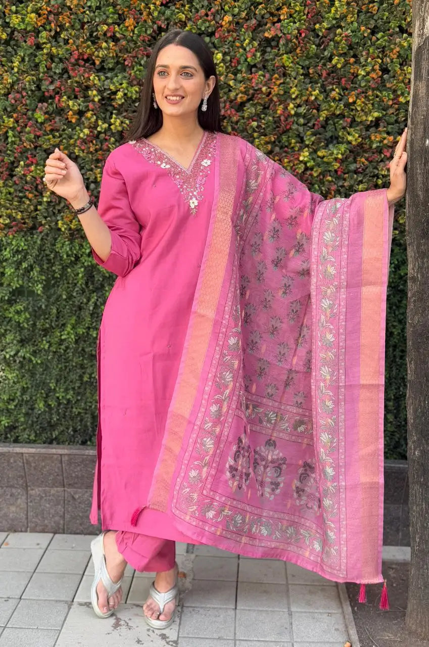 Premium Roman Silk Kurta Set with Jacquard Dupatta