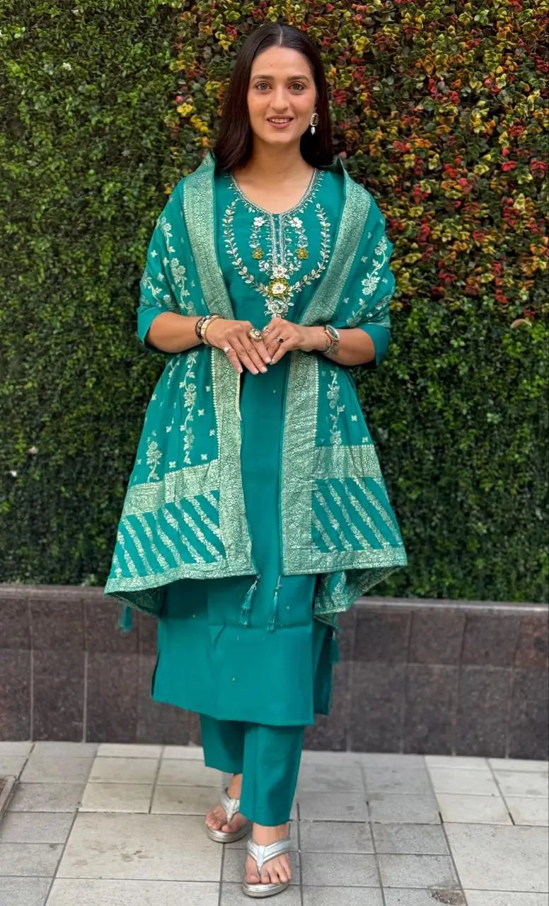 Premium Roman Silk Kurta Set with Jacquard Dupatta