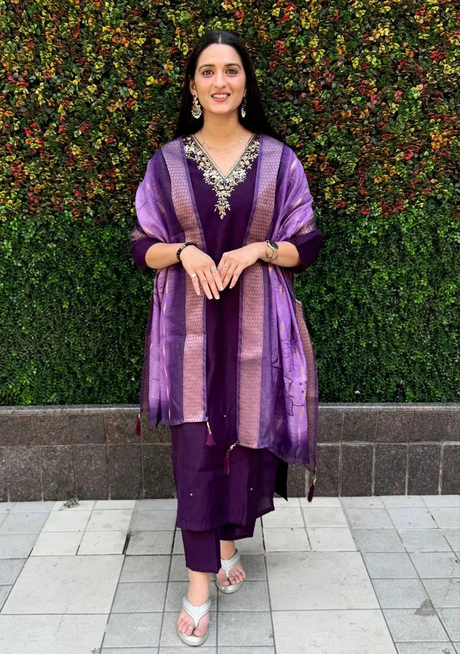 Premium Roman Silk Kurta Set with Jacquard Dupatta
