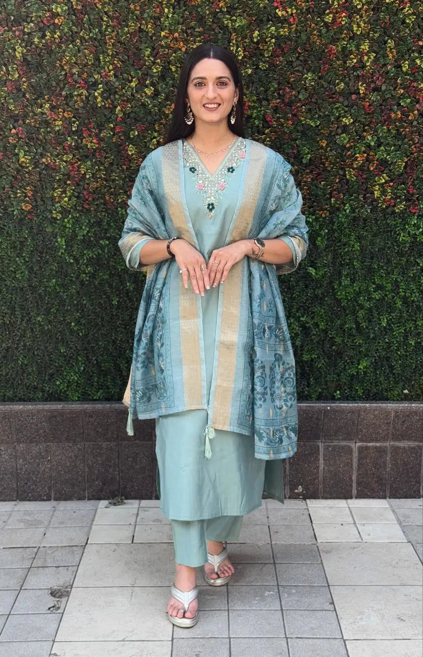 Premium Roman Silk Kurta Set with Jacquard Dupatta