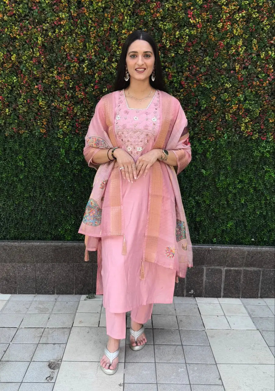 Premium Roman Silk Kurta Set with Jacquard Dupatta