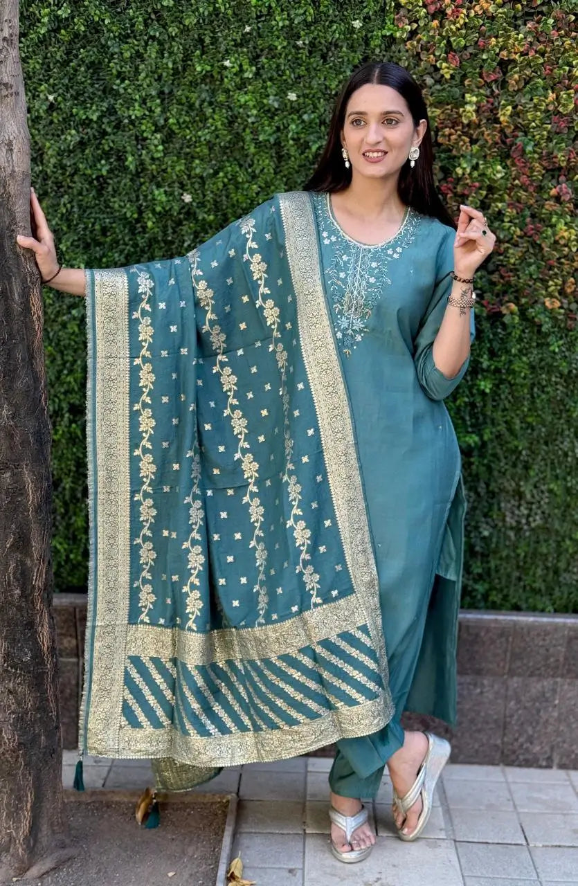 Premium Roman Silk Kurta Set with Jacquard Dupatta
