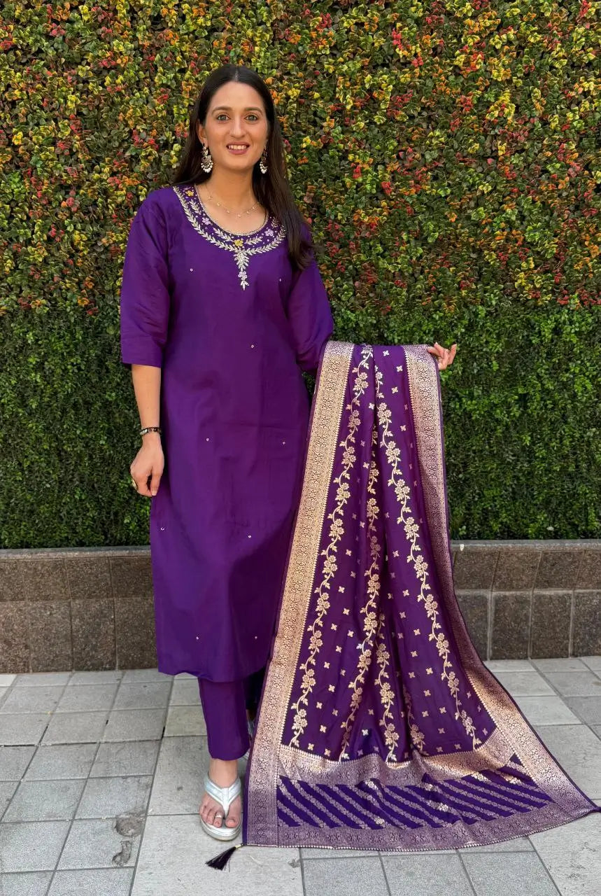 Premium Roman Silk Kurta Set with Jacquard Dupatta
