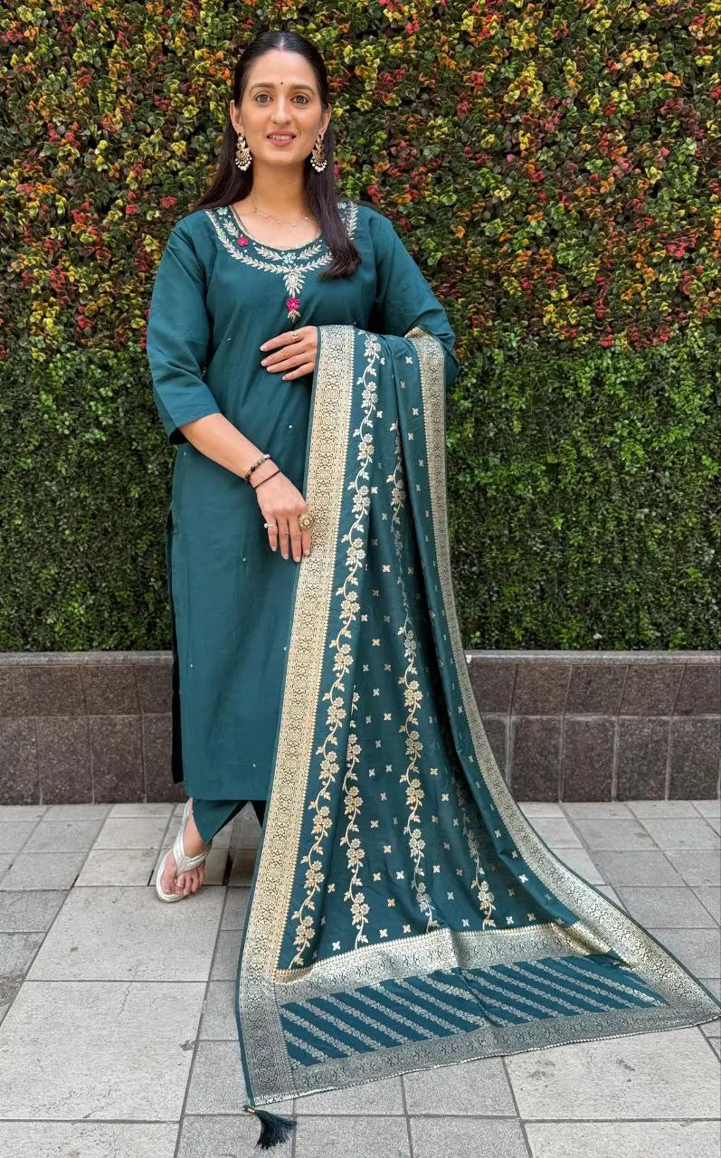 Premium Roman Silk Kurta Set with Jacquard Dupatta