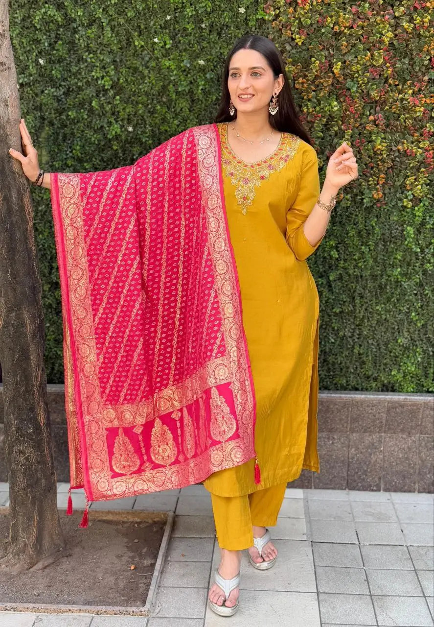 Premium Roman Silk Kurta Set with Jacquard Dupatta