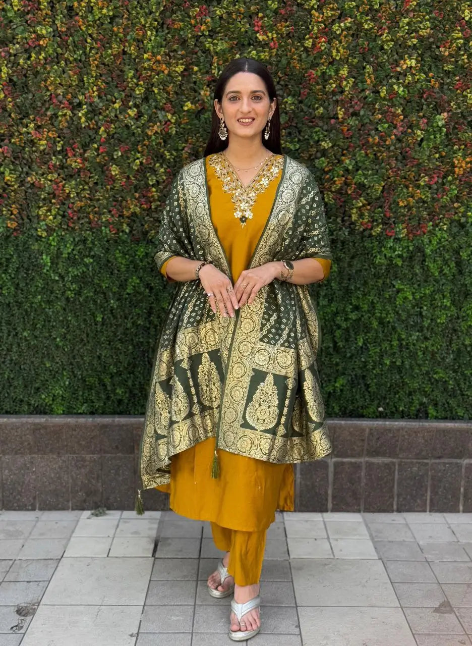 Premium Roman Silk Kurta Set with Jacquard Dupatta