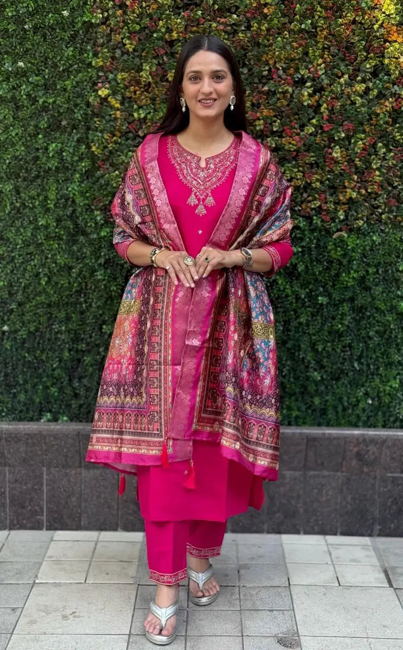Premium Roman Silk Kurta Set with Jacquard Dupatta