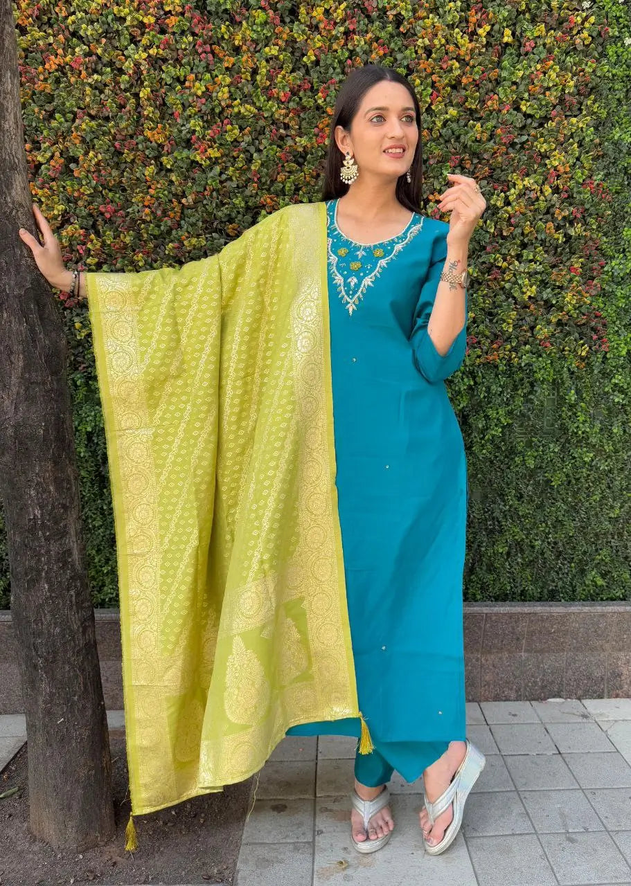 Premium Roman Silk Kurta Set with Jacquard Dupatta