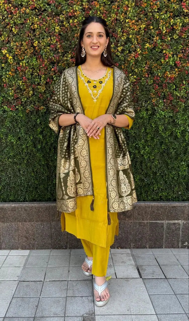 Premium Roman Silk Kurta Set with Jacquard Dupatta