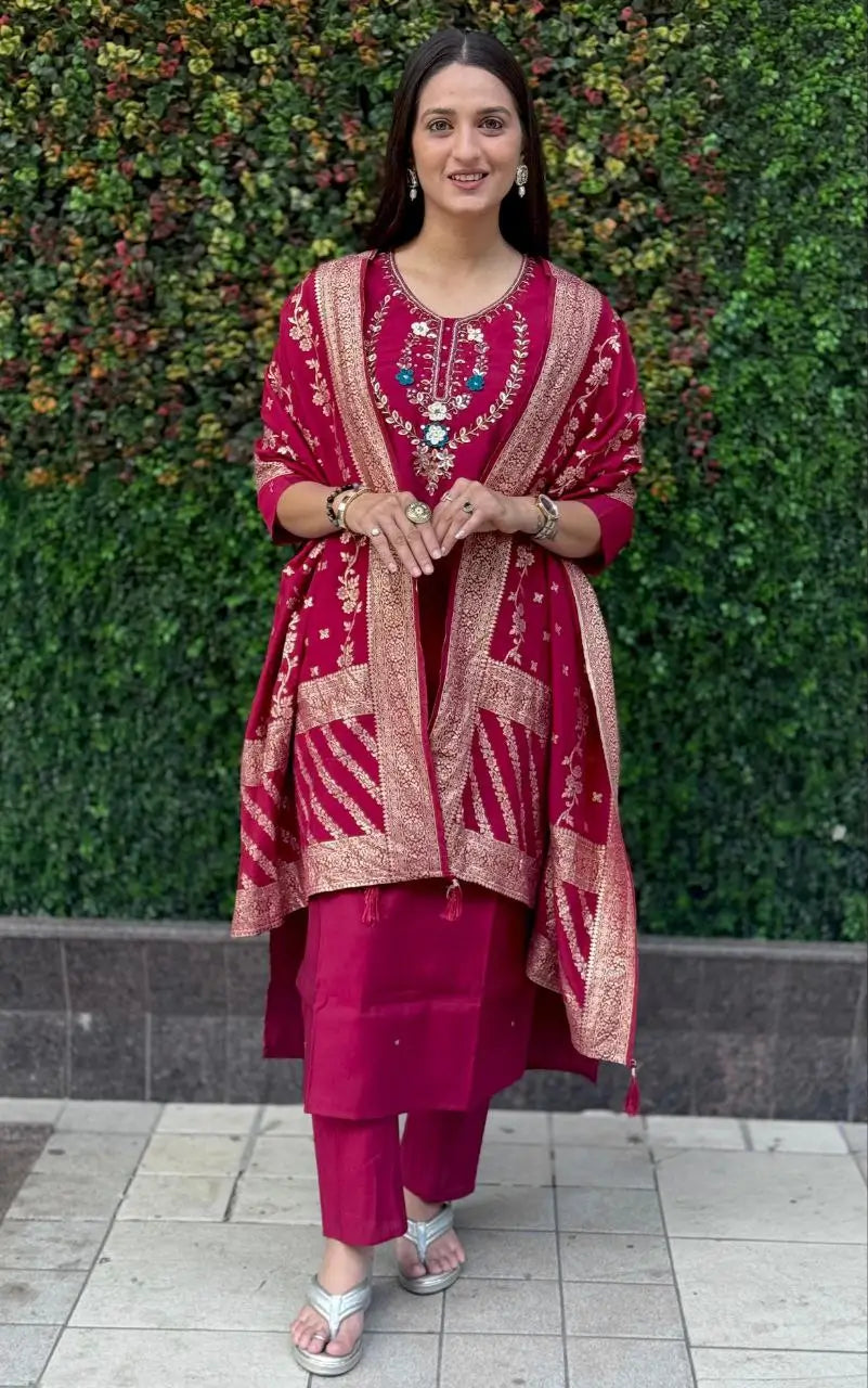 Premium Roman Silk Kurta Set with Jacquard Dupatta