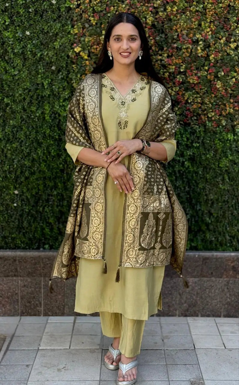 Premium Roman Silk Kurta Set with Jacquard Dupatta