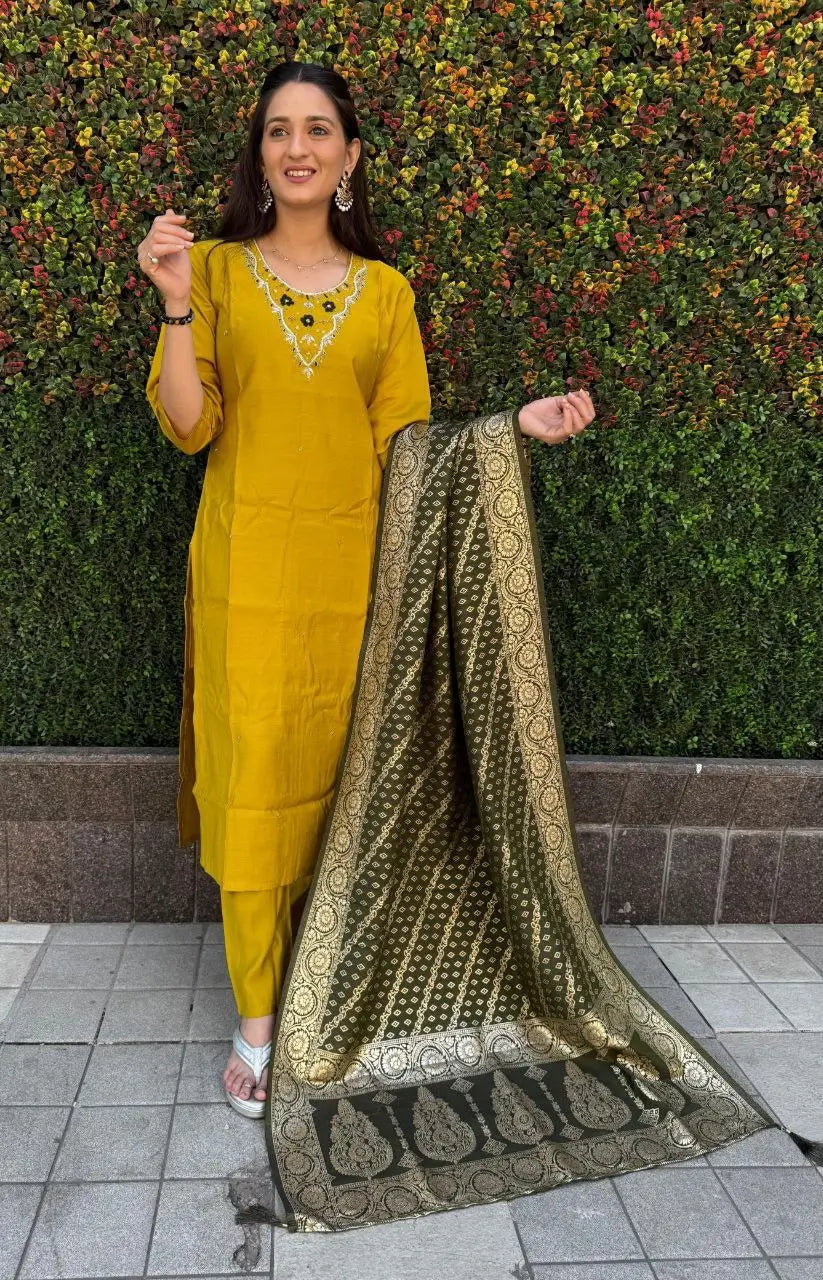 Premium Roman Silk Kurta Set with Jacquard Dupatta