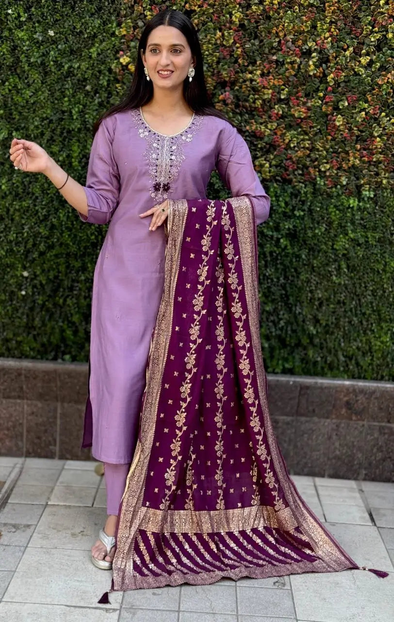 Premium Roman Silk Kurta Set with Jacquard Dupatta