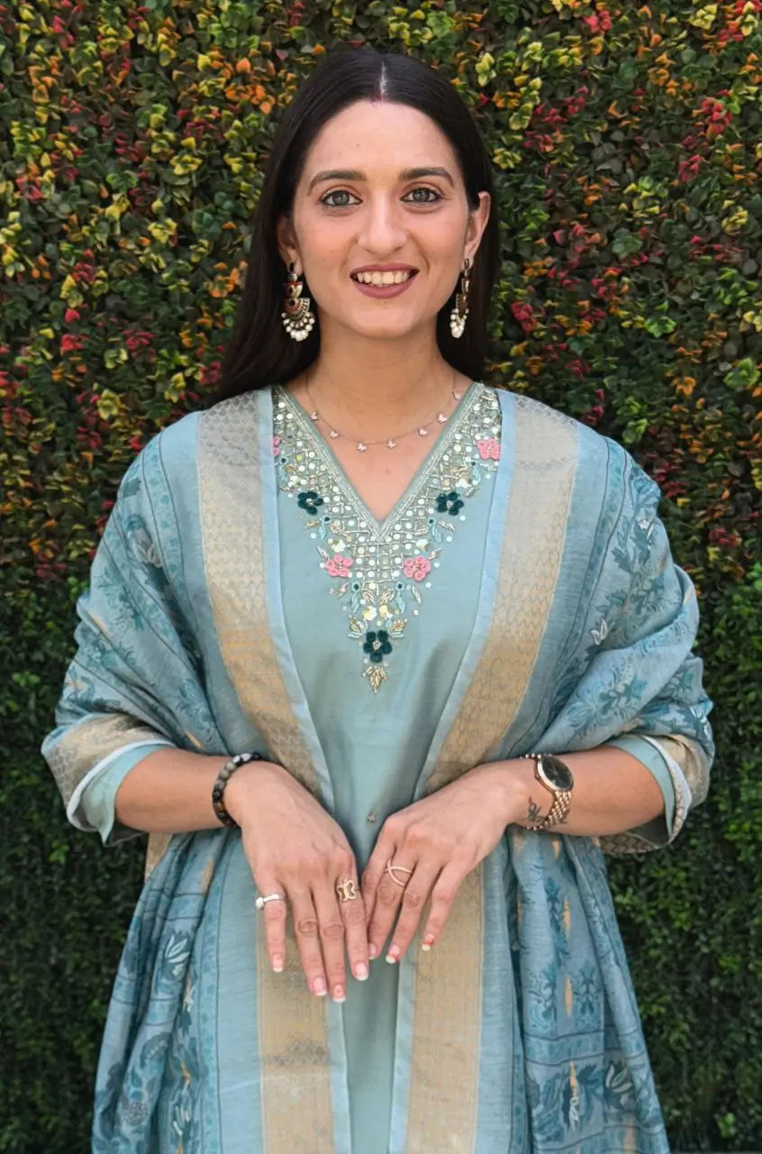 Premium Roman Silk Kurta Set with Jacquard Dupatta