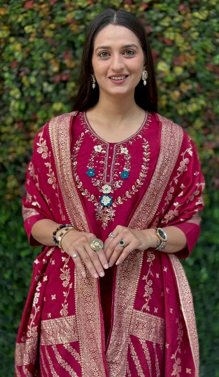 Premium Roman Silk Kurta Set with Jacquard Dupatta