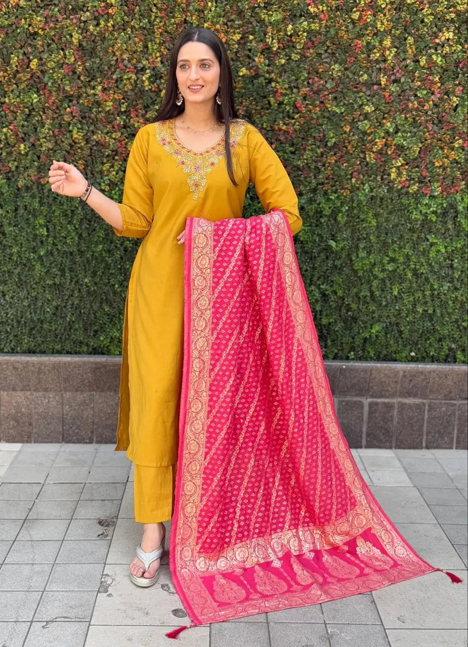 Premium Roman Silk Kurta Set with Jacquard Dupatta