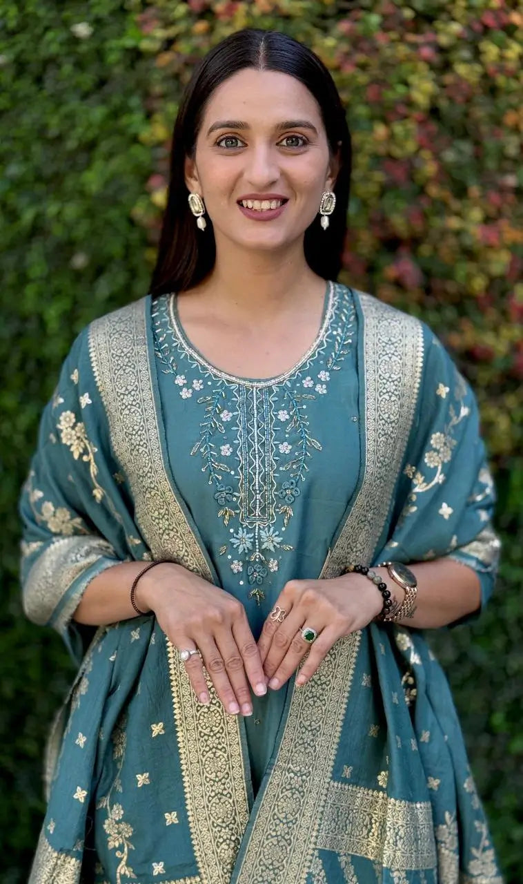 Premium Roman Silk Kurta Set with Jacquard Dupatta