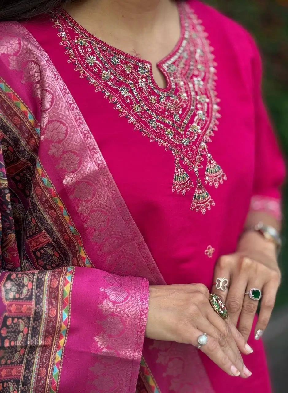 Premium Roman Silk Kurta Set with Jacquard Dupatta