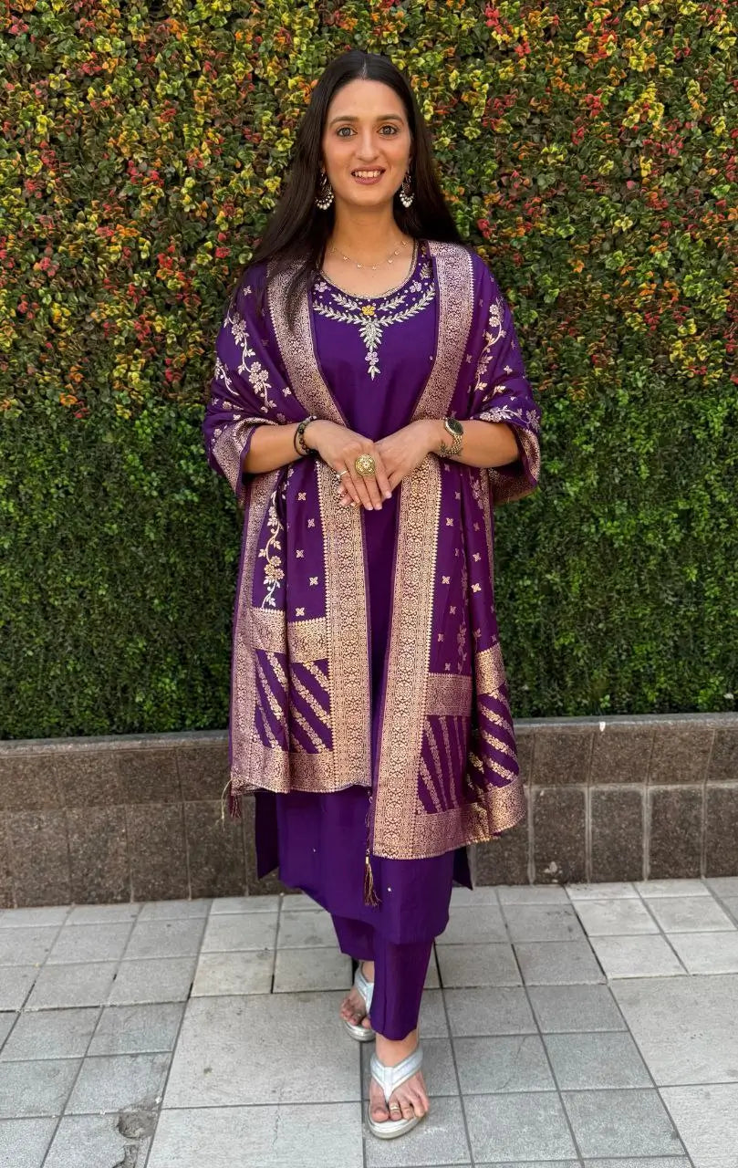Premium Roman Silk Kurta Set with Jacquard Dupatta
