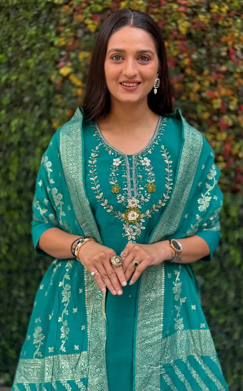 Premium Roman Silk Kurta Set with Jacquard Dupatta