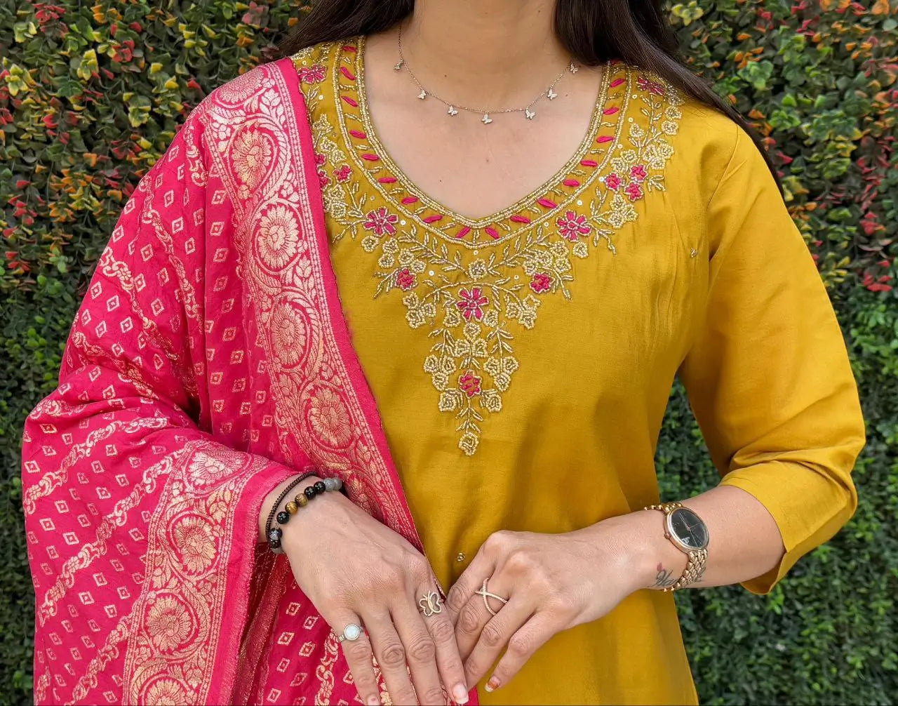 Premium Roman Silk Kurta Set with Jacquard Dupatta