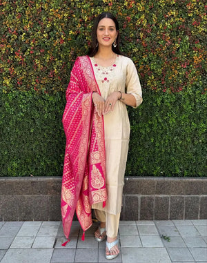 Premium Roman Silk Kurta Set with Jacquard Dupatta