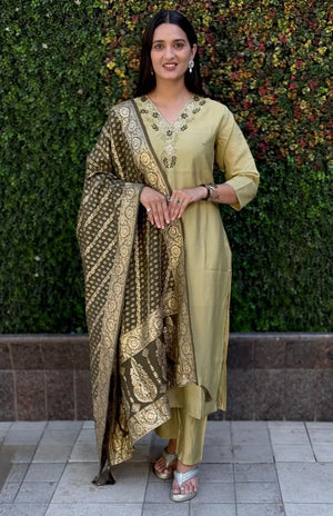 Premium Roman Silk Kurta Set with Jacquard Dupatta