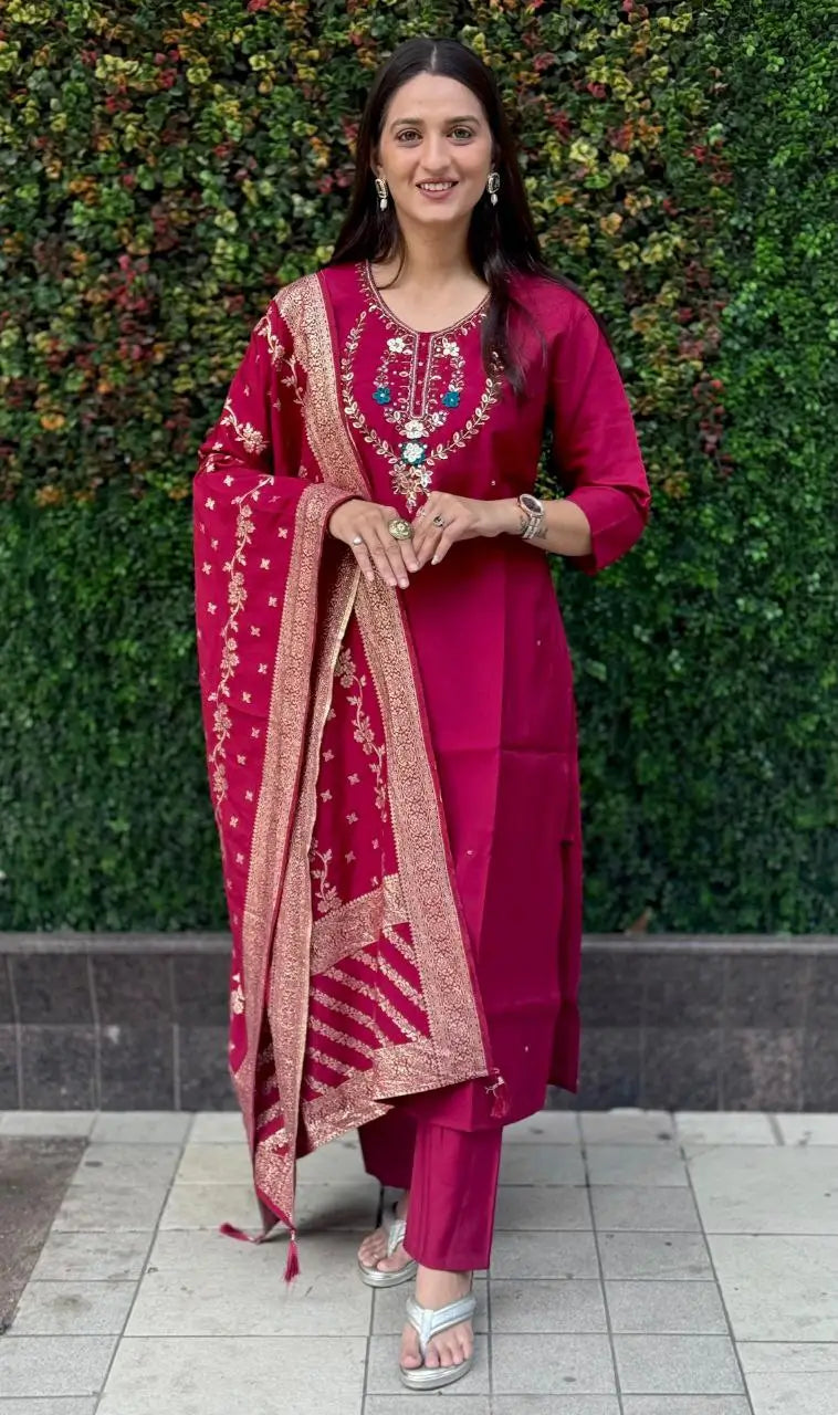 Premium Roman Silk Kurta Set with Jacquard Dupatta
