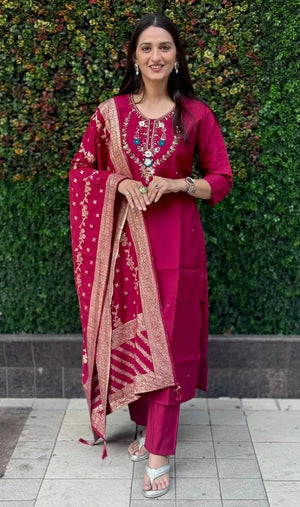 Premium Roman Silk Kurta Set with Jacquard Dupatta