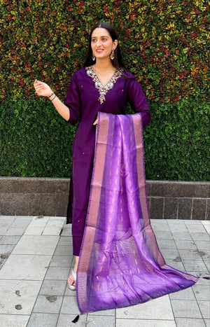 Premium Roman Silk Kurta Set with Jacquard Dupatta