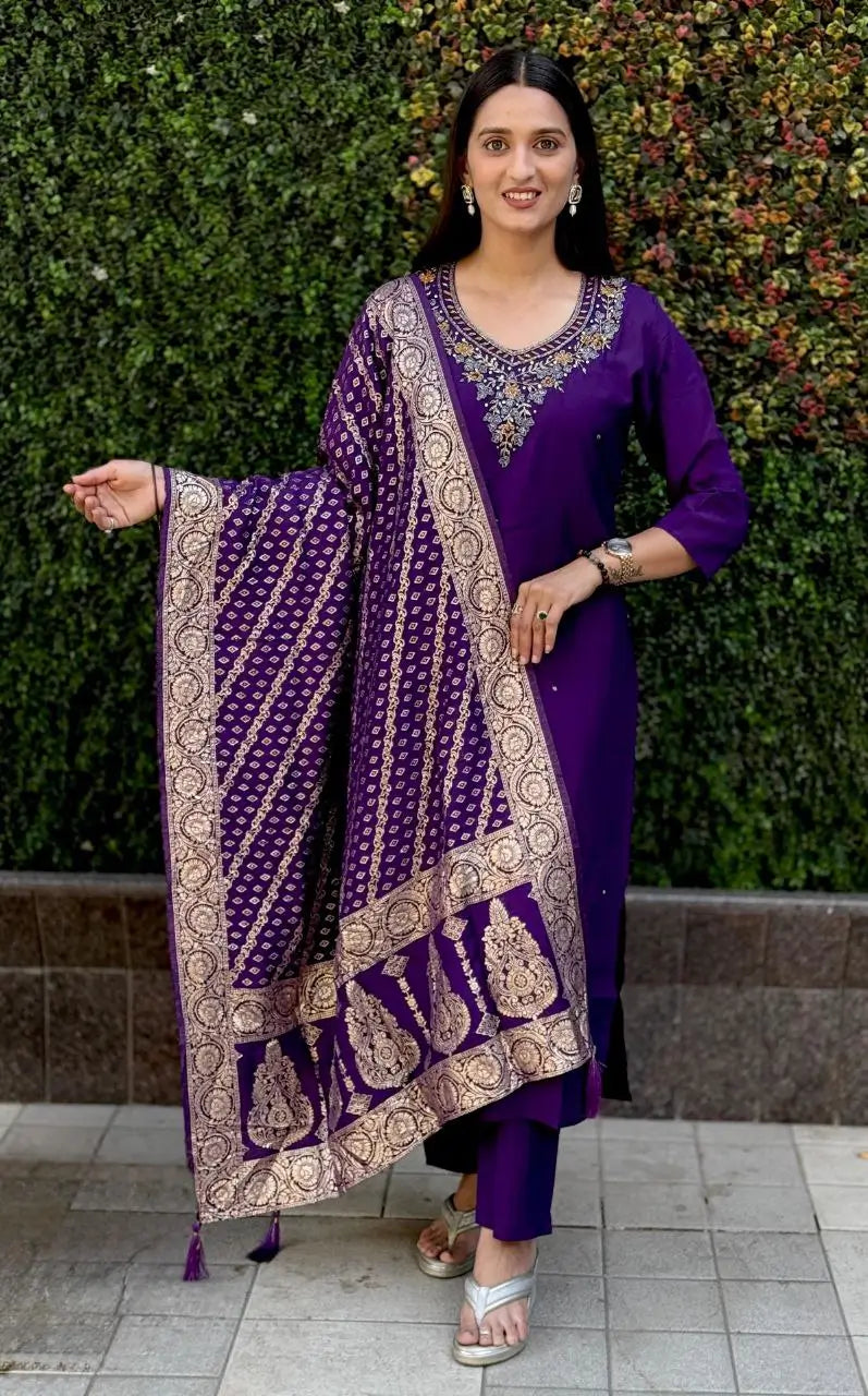 Premium Roman Silk Kurta Set with Jacquard Dupatta